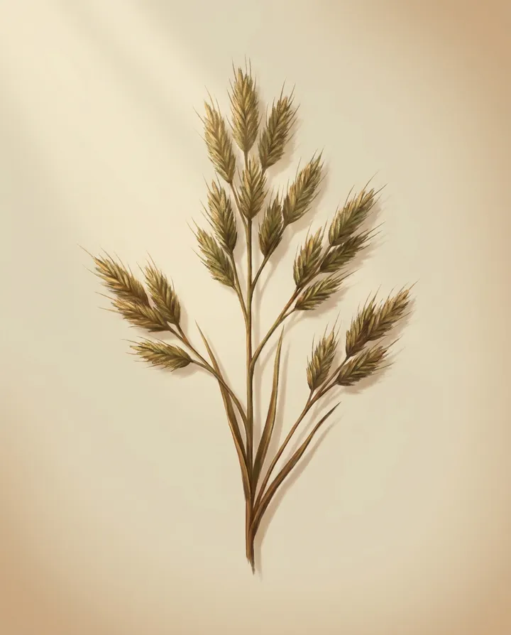 Botanical specimen study of a single big bluestem seed head against a plain cream background